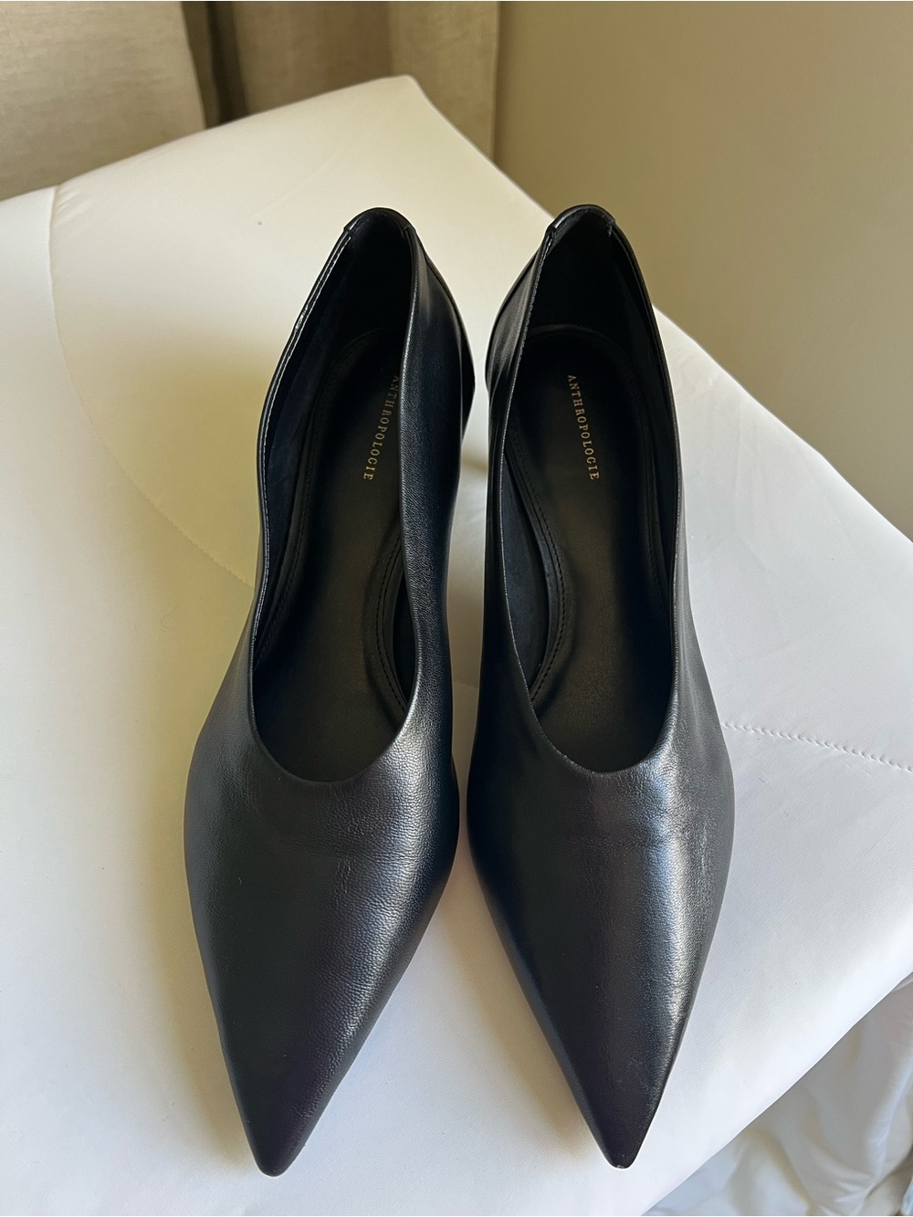 Anthropologie Black Pointed Leather Pumps with Sleek Profile size 38